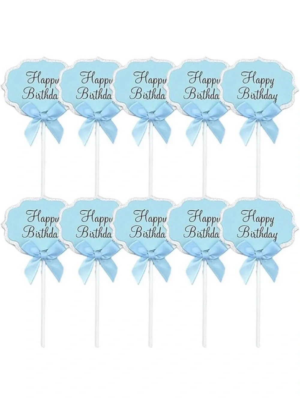 💞 New Pack of 10 Blue & Silver Glitter Happy Birthday Cupcake & Cake Toppers